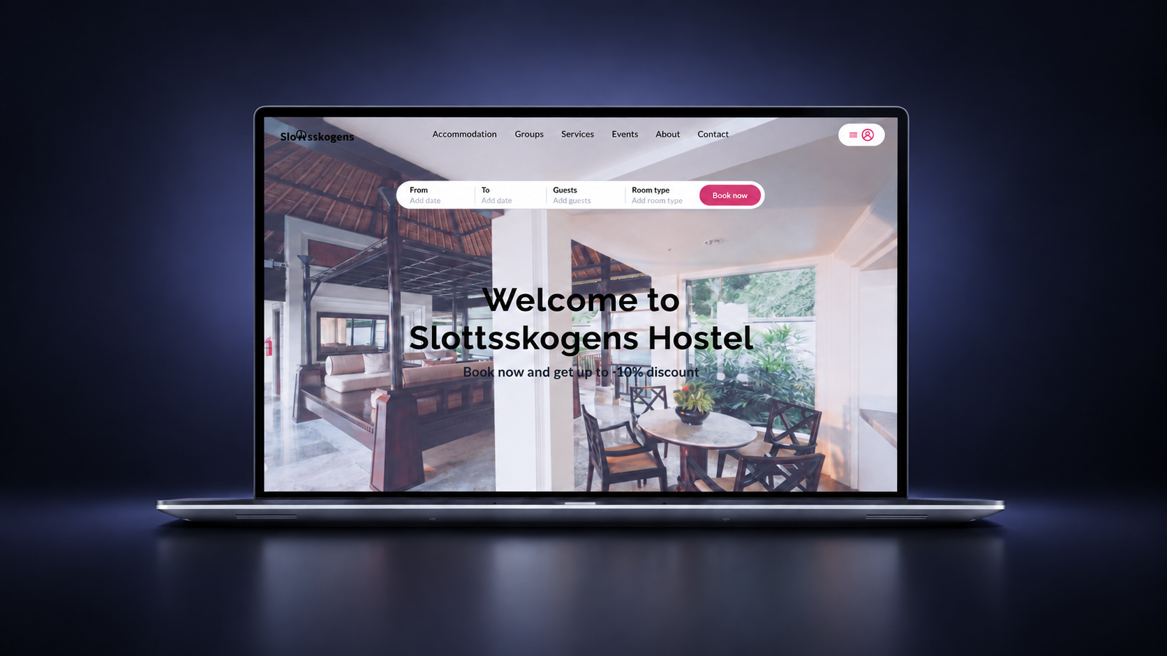 Slottsskogens Hostel booking site shown on laptop